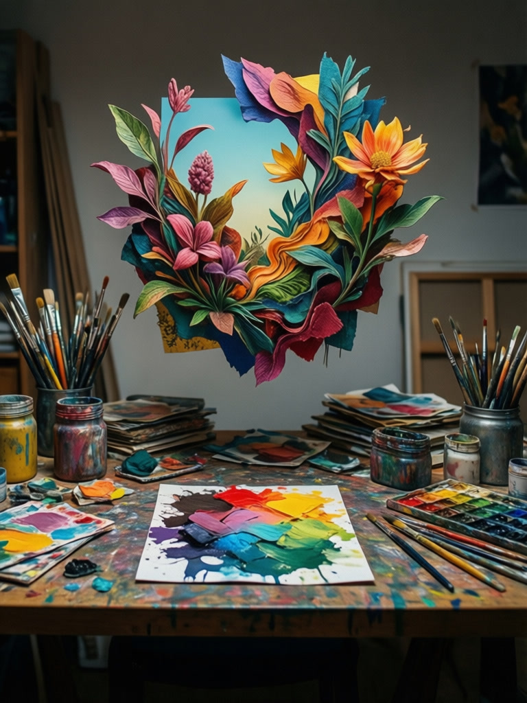 Creative studio desk with art supplies and a surreal collage