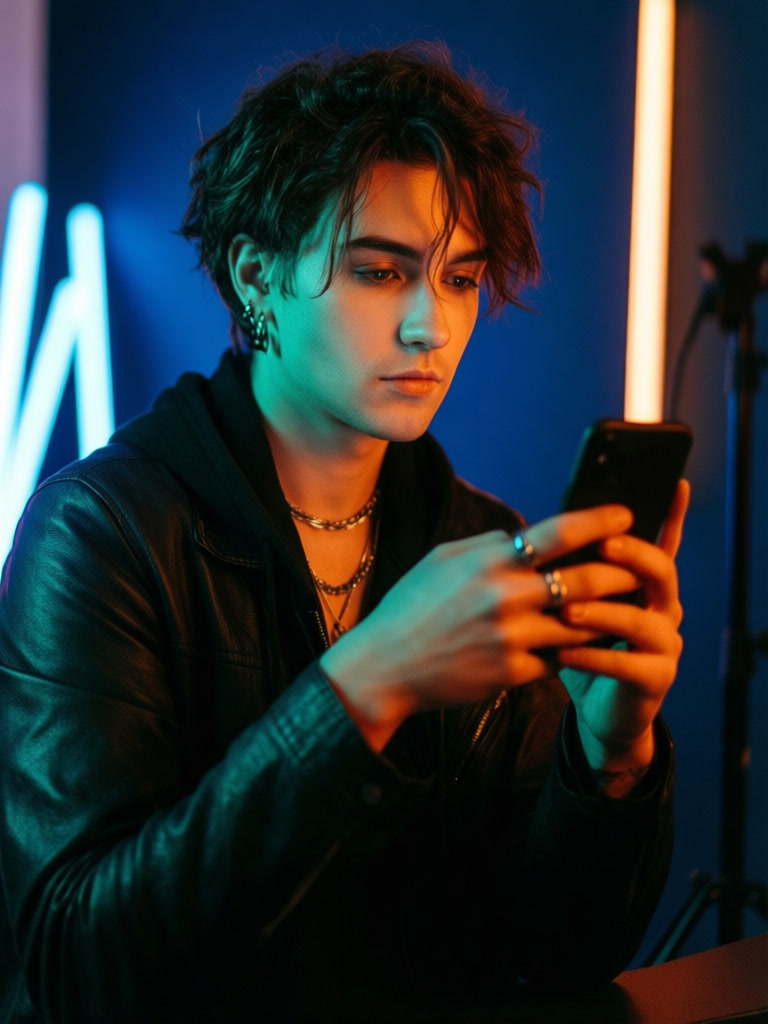 Creator filming in a neon-lit studio